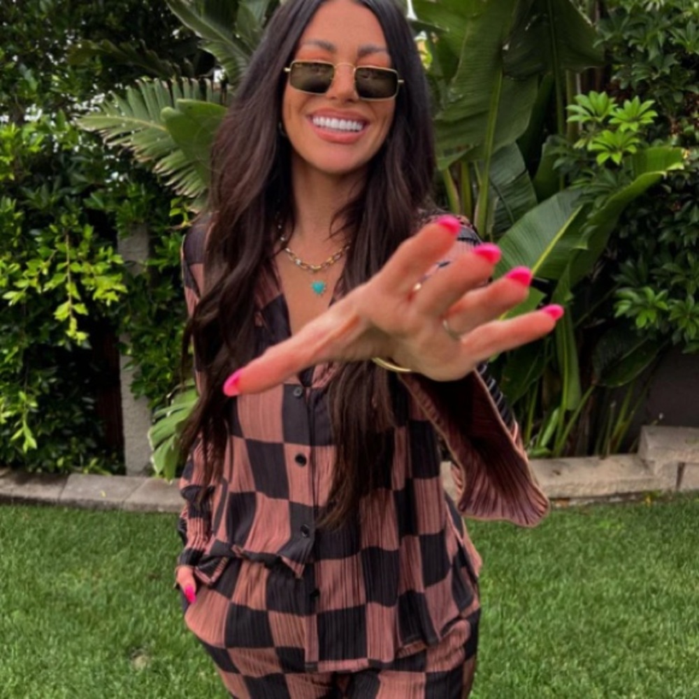 Dressed in Lala Long Sleeve Plissé Set in Mocha + Black Checkerboard